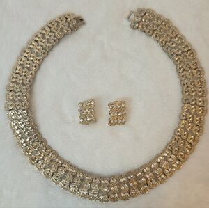 Vintage Rhinestone Choker Necklace & Post Clip Earrings Set Gold Tone